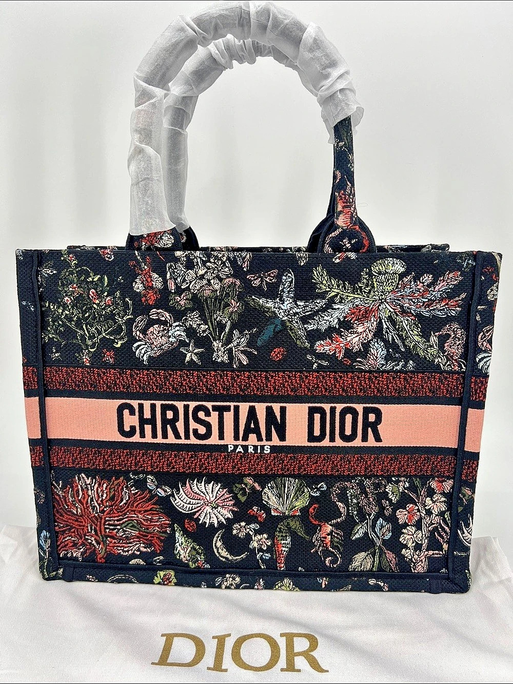 Medium Book Tote Zodiac Multi Embroidery Black & Pink